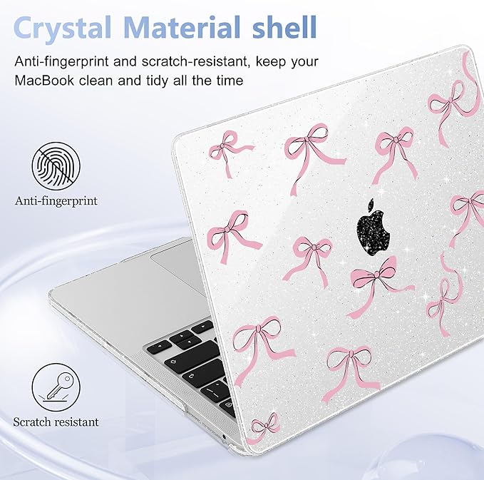 May Chen Case for MacBook Pro 13 inch M2 2023,2022,2021,2020 A2338 M1 A2251 A2289, Plastic Hard Shell Case for MacBook Pro 13" with Touch Bar Fits Touch ID, Clear Glitter Bow