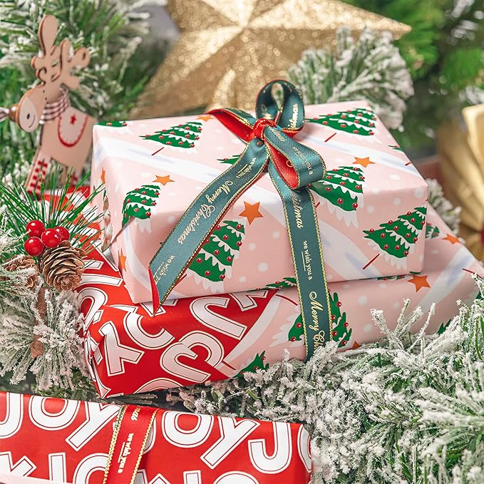 WRAPAHOLIC 30 Inch Jumbo Reversible Christmas Wrapping Paper - 30 Inch x 100 Feet Jumbo Roll Christmas Tree Wrapping Paper with Joy Lettering Perfect for Holiday, Party, Celebration