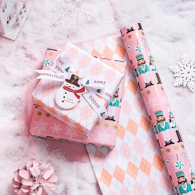 RUSPEPA Reversible Christmas Wrapping Paper Roll, Mini Roll, Pink Nutcracker Soldier and Diamond Pattern Gift Wrap for Kids, Girls, Family, Xmas Holiday Gifts, 17.5 Inches X 32.8 Feet