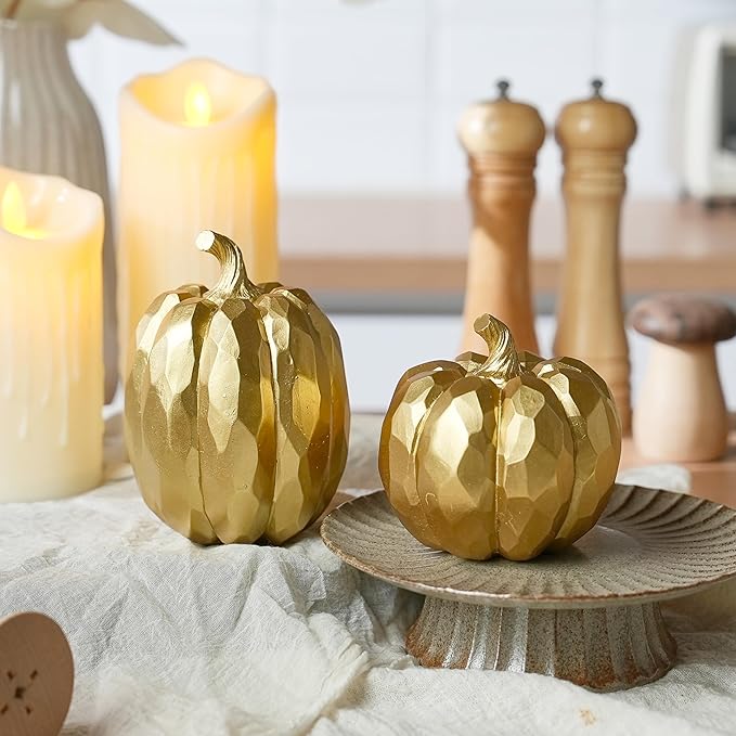 Pumpkin Decor Fall Decoration, Gold Pumpkins for Decorating, 2Pcs Resin Artificial Pumpkin Figurine Mantel Decor, Thanksgiving Autumn Harvest,Wedding
