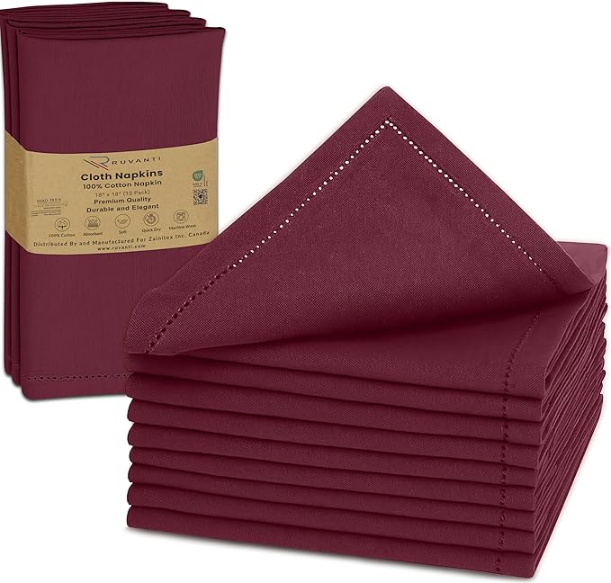 Ruvanti Cloth Napkins - 100% Cotton Dinner Napkins, Hem Stitched Corners, 18x18 Inch, 12 Pack - Soft, Absorbent, Durable, Reusable, Wrinkle Resistant for Formal Dining & Everyday Use - Burgundy