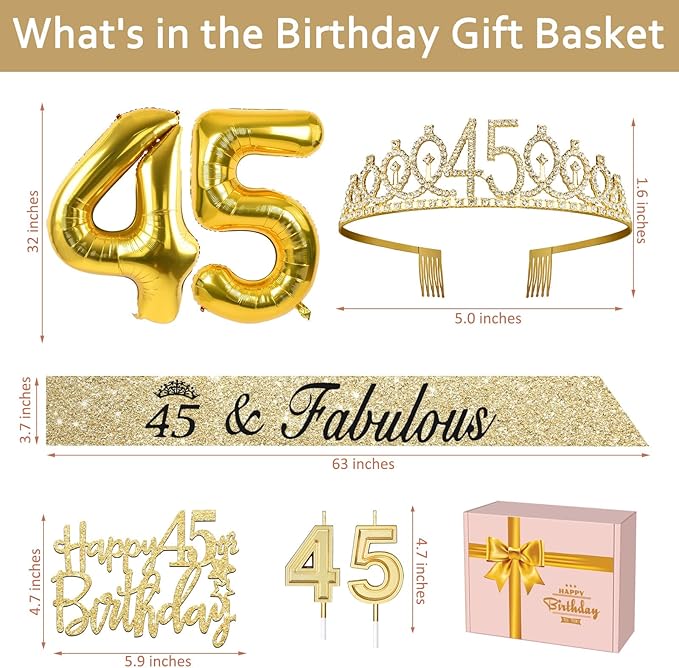 45th Birthday Decorations for Women Gold with 45th Birthday Sash and Tiara, Cake Topper and Candles, Gold Number Balloons, 45 Year Old Gifts for Women