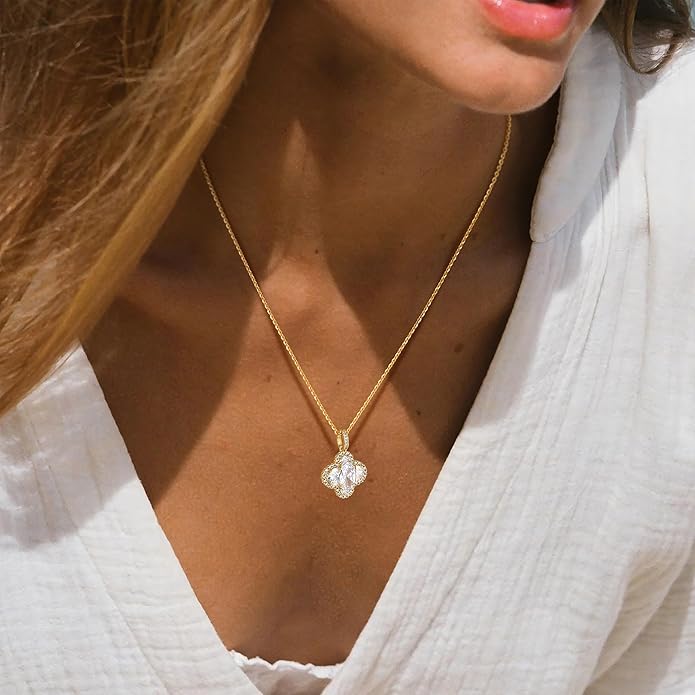 Fettero Christmas Necklace for Women Trendy 14K Gold Plated Dainty Diamond Necklace Charm CZ Clover Star Pendant Necklaces Simple Jewelry Gold Necklace for Women