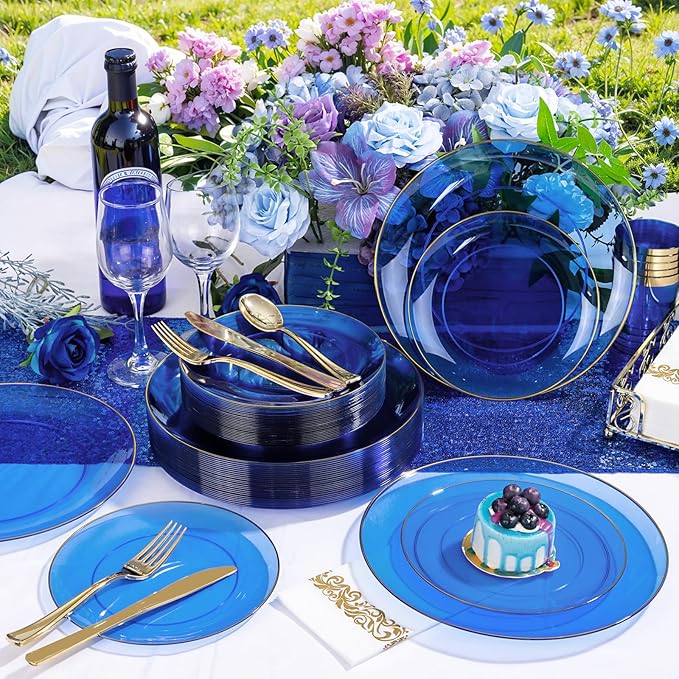 YOUBET 175PCS Clear Blue Plastic Plates - Blue and Gold Disposable Plates Include 50 Plate, 75 Silverware, 25 Cups, 25 Napkins for Wedding & Party