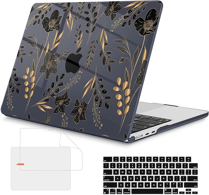 Mektron Compatible with M4 MacBook Air 15 inch Case 2025 A3241 2024 2023 M3 A3114 A2941 M2 Liquid Retina Display Touch ID, Plastic Hard Case & Keyboard Skin & Screen Protector - Gold Floral