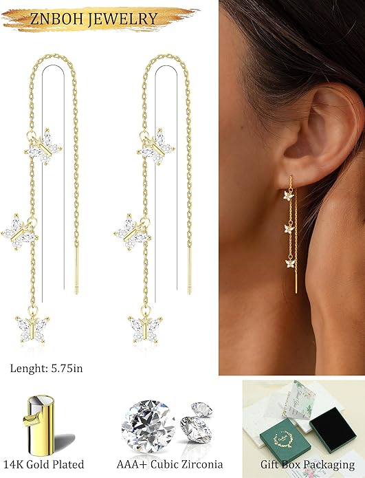 Gold Silver Dangle Earrings for Women Trendy 14K Gold Plated Drop Long Threader Chain Dangling Earring Hypoallergenic Pearl Butterfly Flower Clover CZ Wedding Earrings for Brides Jewelry Gifts