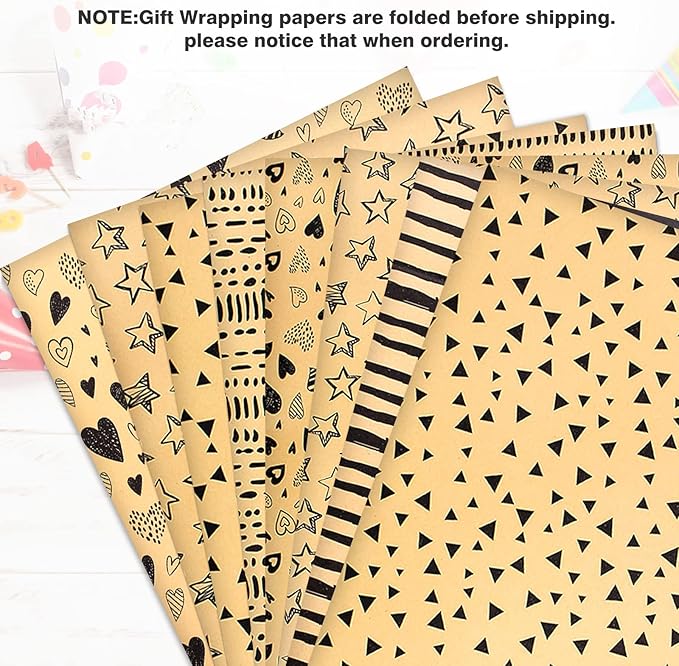 Wrapping Paper Sheets-Gift Wrapping Paper Set with Tags & String-Brown Kraft Wrapping Paper Birthday Gift Wrap for Present Wrapping Paper-Birthday Paper Birthday Wrap for Women Girl Men Boys Kids(6 Sheets, 28"Lx20"W per Sheet)