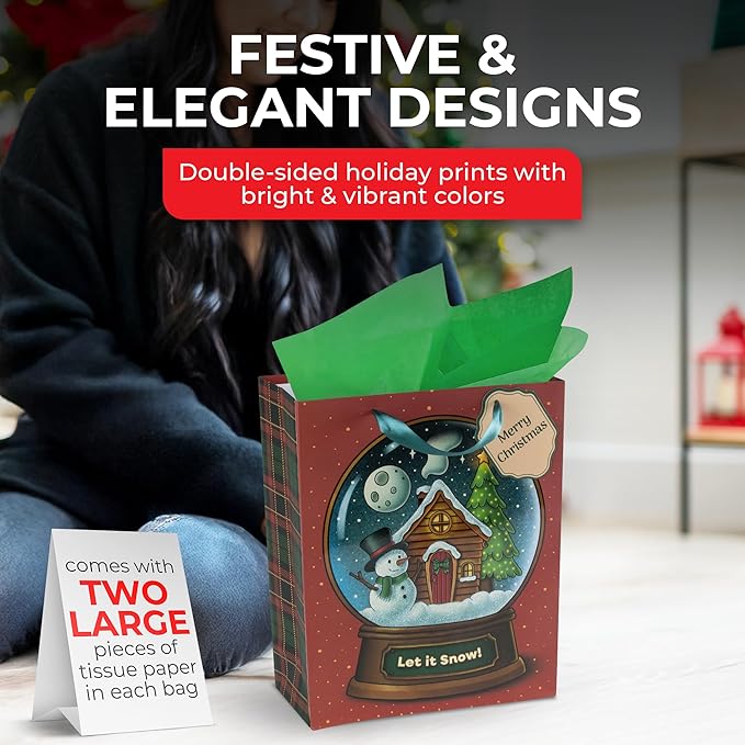RACHELLE'S Snow Globe Christmas Gift Bag – Small 9"x7"x3" (1-Pack) – Sturdy Paper Gift Bag with Tissue Paper, Tag and Handle – Let It Snow – Perfect for Christmas Holiday Gifting & Party Favors