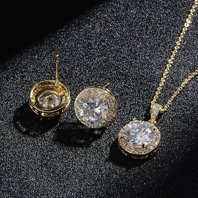 Bridal Crystal Jewelry Set - Sterling Silver Round Cubic Zirconia CZ Rhinestone Halo Birthstone Pendant Necklace Stud Earrings Set for Wedding Bride Bridesmaids Birthday Gift