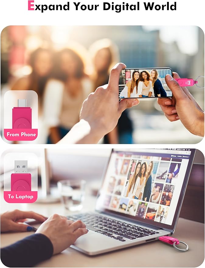 MOSDART 512GB USB3.1 Fast Speed C and A Dual Flash Drive, exFAT Memory Stick with Keychain and LED Indicator, for iPhone 15 and 16, Android Phone, iPad, MacBook, and Other Laptops, Hot Pink