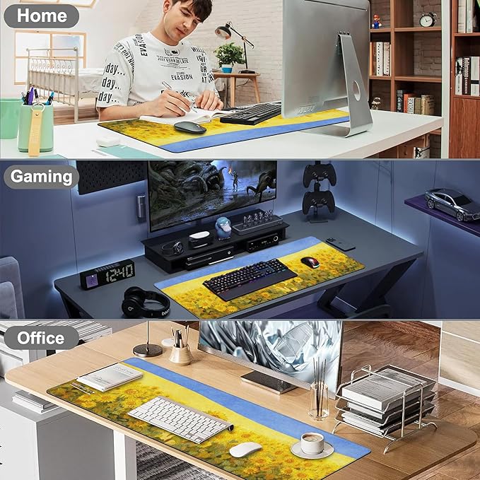 Field of Sunflowers Desk Mat,Large Sunflower Oil Painting Gaming Keyboard Mouse Pad,Non-Slip Rubber Base Desk Pad Thick Stitched Edges Waterproof Mousepad Mouse Mat 31.5"x11.8"