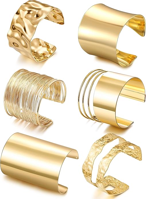 6 Pcs Chunky Golden Cuff Bracelets for Women Open Adjustable Arm Bracelet Golden Wrist Cuff Wrap Bracelet
