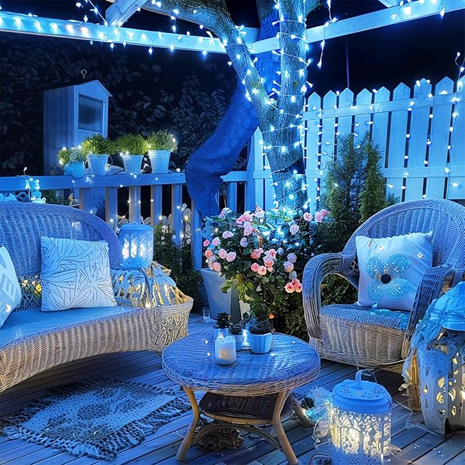 JMEXSUSS Blue Christmas String Lights Indoor Outdoor, 66ft 200 LED Blue String Lights Clear Wire Plug in, 8 Modes Waterproof Christmas Lights for Halloween Tree Party Bedroom Wall Christmas Decoration