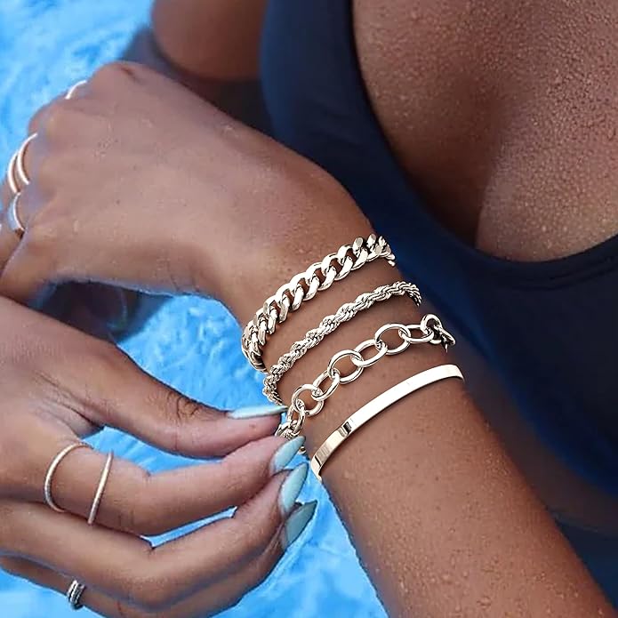 Chunky Gold Bracelets Stack for Women Non Tarnish, Waterproof 14K Gold Plated Bangle Cuff Bracelets Set for Women Trendy Thick Layered Cuban Link Chain Paperclip Rope Stackable Bracelet for Jewelry Gifts
