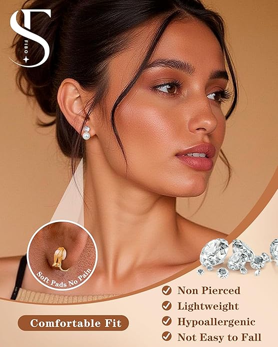 FIBO STEEL 10 Pairs Clip On Earrings for Women Non Pierced Ears CZ Pearl Knot Twist Chunky Hoop and Studs Earring Set Ear Clips Jewelry 14K Gold Plated