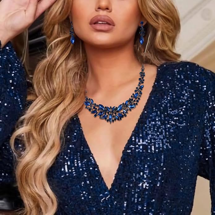 BriLove Women's Wedding Bridal Austrian Crystal Marquise Cluster Collar Necklace Dangle Earrings Set