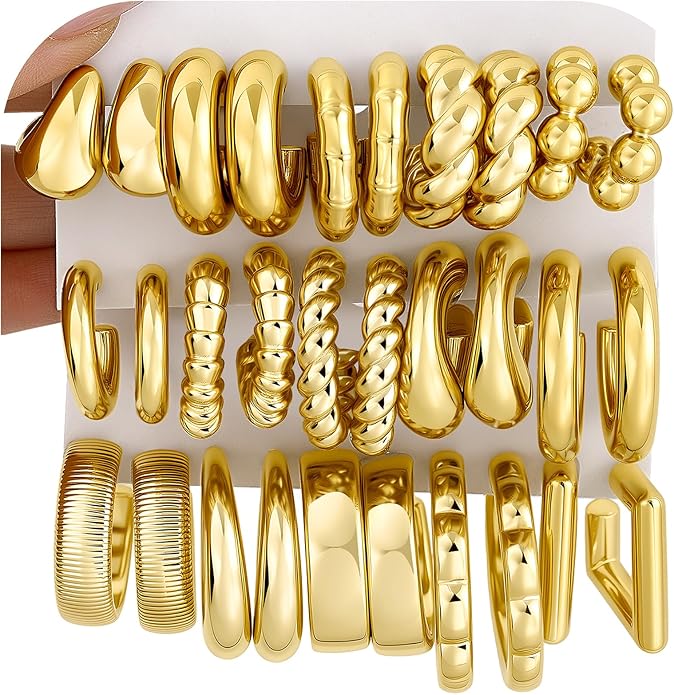 10 Pairs Chunky Gold Earrings for Women, Hypoallergenic Statement Hoops Earring for Multipack, Trendy Gold Chunky Hoop Earrings Jewelry for Gift