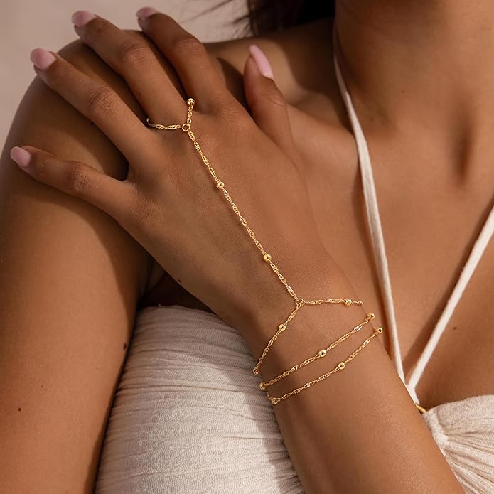 Valentine Gift 14K Gold Plated Hand Chain Bracelet for Women Trendy, 2 Pcs Stackable Gold/Silver Finger Ring Bracelet Hand Chain Dainty Non Tarnish Waterproof Set Jewelry Adjustable 7'+2