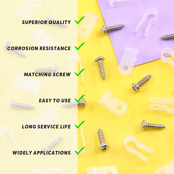 Swpeet 120 Pack White 1/4 Inch Nylon Plastic R-Type Cable Clips Clamp Kit, Nylon Screw Mounting Cord Fastener Clips with 120 Pack Screws for Wire Management (1/4 Inch, White)
