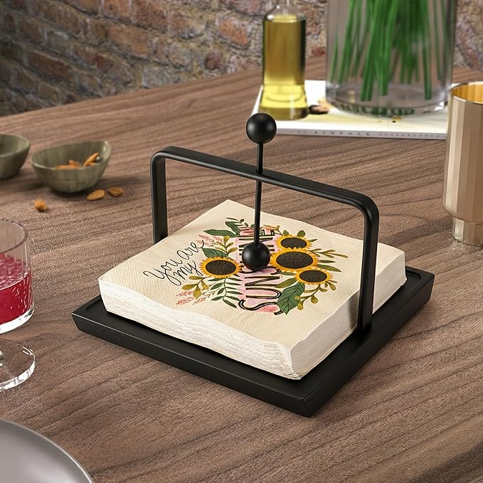 ALLCENER Napkin Holder for Table with Weighted Arm | Black Modern Flat Napkin Holder | Matte Metal & Wood Design for Kitchen Counter, Dining, and Outdoor Patio