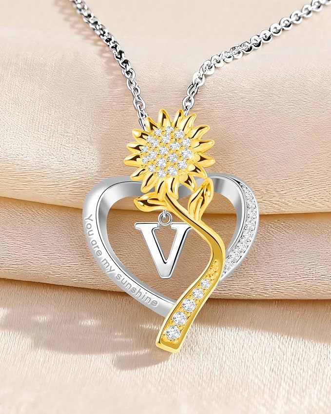 Birthday Gifts for Women Preserved Real Rose with Sunflower Initial Necklace - Birthday Gifts for Women Her Mom Wife on Valentines Mothers Day Christmas Anniversary Romantic with Pendant V