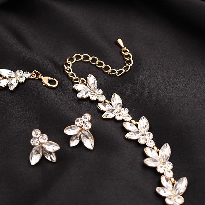 Bridal Wedding Crystal Leaf Choker Necklace Dangle Earring Bracelet Brides Bridesmaid Jewelry Set for Women