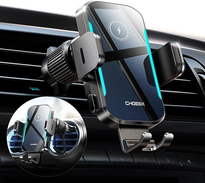 CHGeek Wireless Car Charger, 15W Fast Charging Car Phone Holder Charger Auto-Clamping Air Vent Car Phone Mount with Blue LED Backlit for iPhone 16 15 14 13 12, Samsung S24 S23 S22, etc