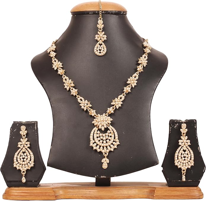 Touchstone Indian jewelry sets for women maang tikka wedding guest gold necklace bollywood jewellery set pageant elegant prom bride accessories western crystal chunky rhinestone necklaces