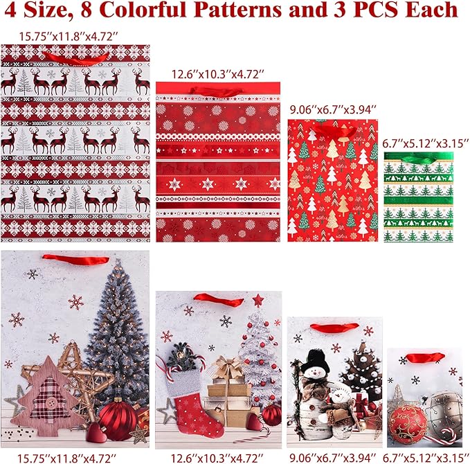 24 PCS Christmas Bags for Wrapping Holiday Gifts,Hot Stamping Foil Festival Bag Bulk Set with Snowman, Reindeer,Christmas Stocking/Cane/Tree, Snowflake, Gin Design - 6 X-Large,6 Large,6 Medium,6 Small