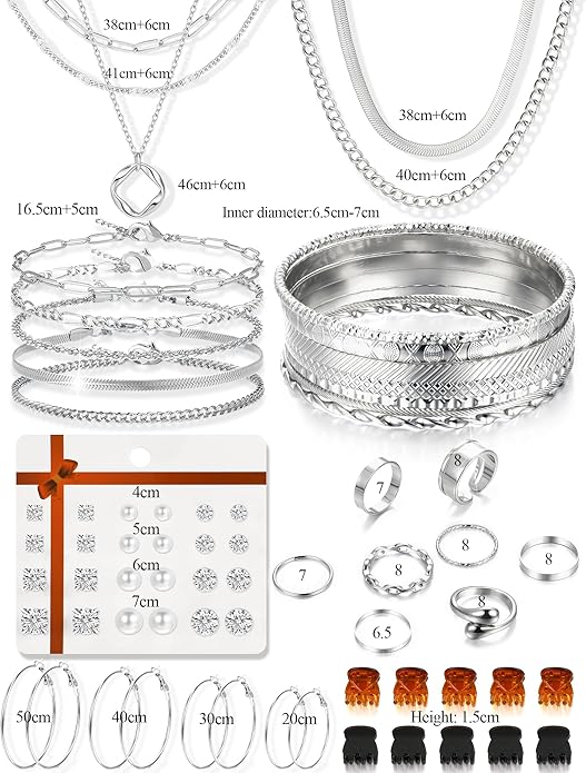 Valentines Gifts -56 Pcs Gold Jewelry Set for Women with 5Pcs Layered Necklace, 5Pcs Layered Necklace, 12 Bracelets, 4 Hoop Earrings, 8 Stackable Rings, 10 hairpins, 12 Studs Earrings Jewerly set for Women