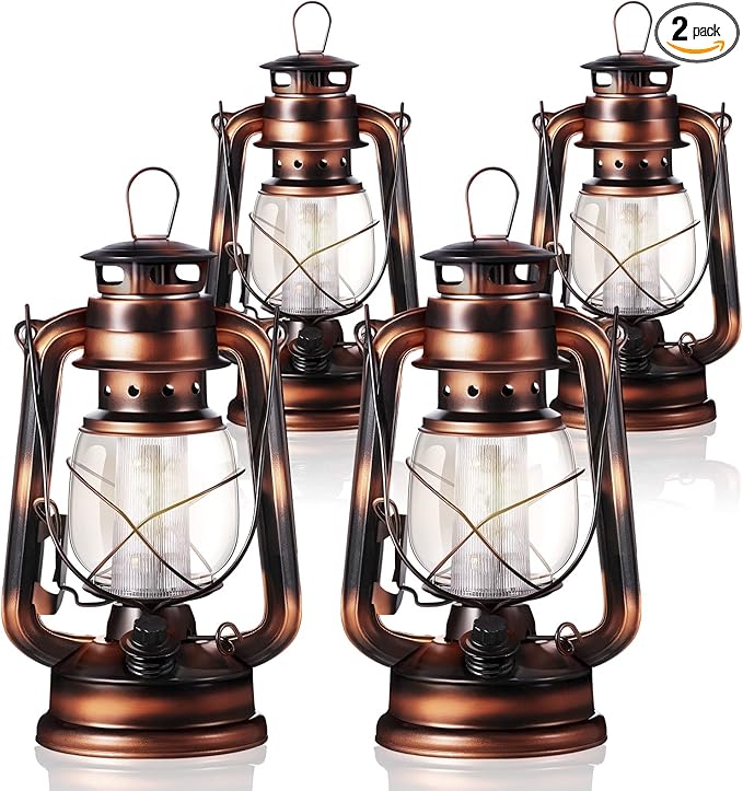 Hortsun 2 Pieces 8 Inch Vintage LED Hurricane Lantern 12 Warm LEDs and Dimmer Switch Battery Operated Farmers Hanging Lantern for Halloween Christmas Indoor Outdoor Camping Usage Decor