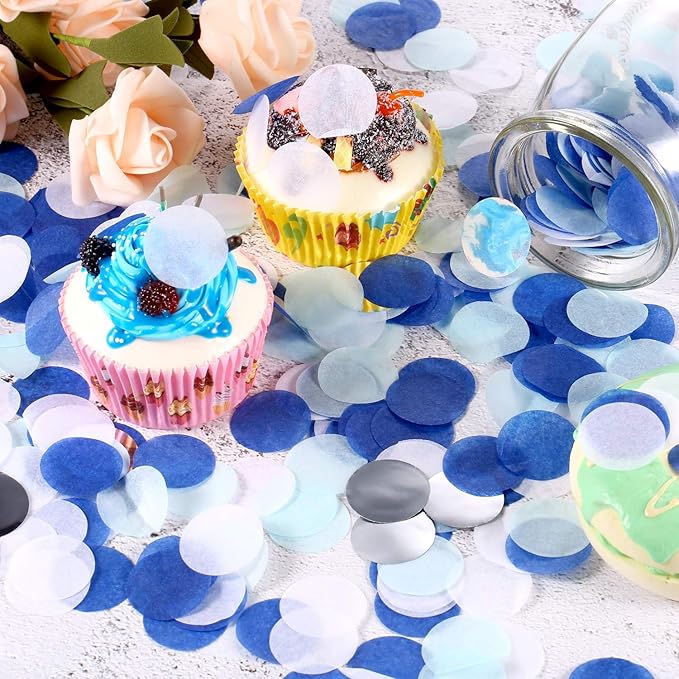 TecUnite Round Tissue Paper Table Confetti Dots for Wedding Birthday Party Decoration, 1.76 oz(White Blue Confetti,2.5 cm)