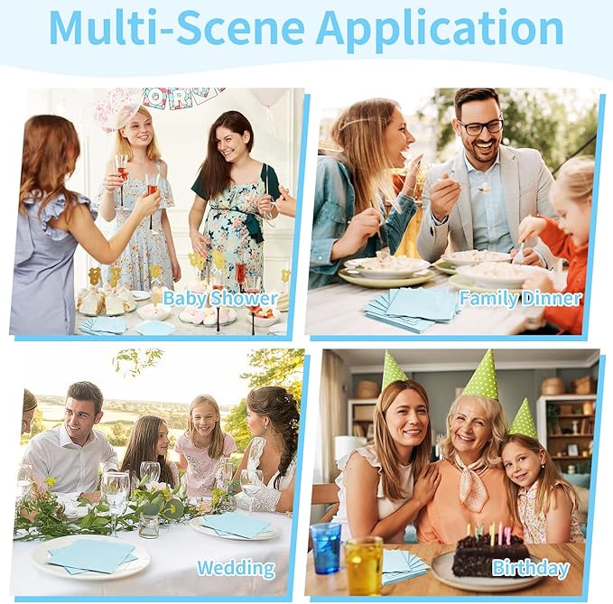 100 Pack Cocktail Napkins Disposable, 2-Ply 5" x 5" Party Napkins, Square Beverage Dinner Napkin for Wedding Birthday Party Anniversary Reception Bar Event (Light Blue)