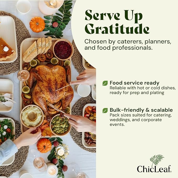 Chic Leaf All Natural Compostable & Disposable Rectangular 14" Round Palm Leaf Tray for Parties, Charcuterie Board, Catering & Weddings - Palm Leaf Platter Party Plates, Thanksgiving Dinner (20 pc)