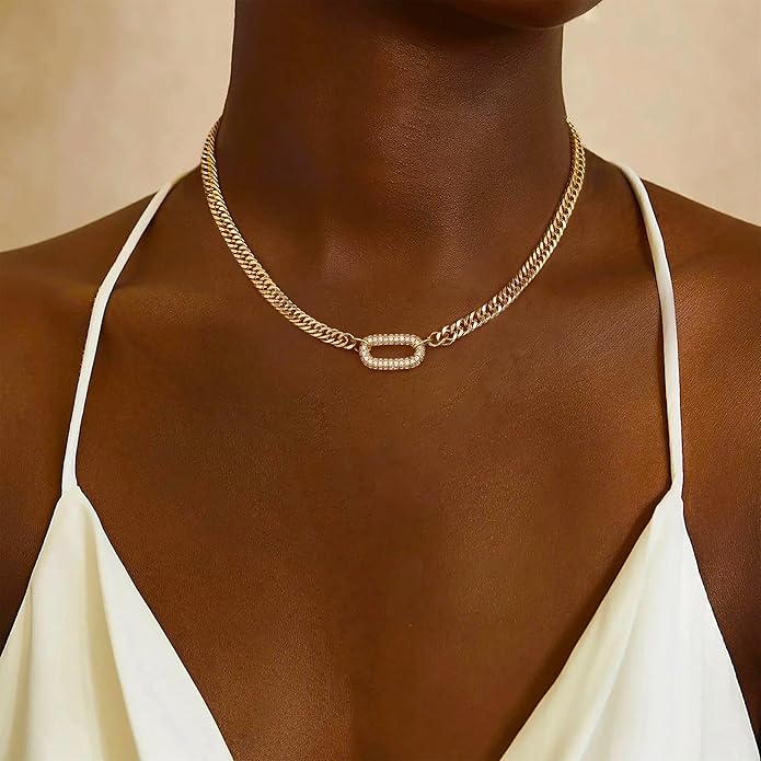 Gold Necklace for Women - Chunky 14K Gold Plated Chain Necklace Cuban Link Paperclip Chain Herringbone Statement Choker Necklace for Women Simple Trendy Jewelry Gifts