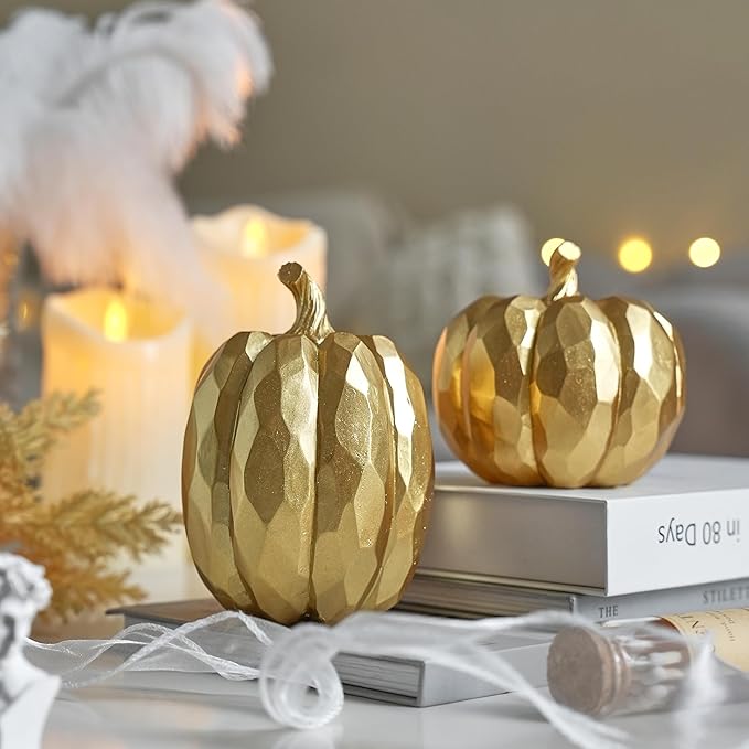 Pumpkin Decor Fall Decoration, Gold Pumpkins for Decorating, 2Pcs Resin Artificial Pumpkin Figurine Mantel Decor, Thanksgiving Autumn Harvest,Wedding