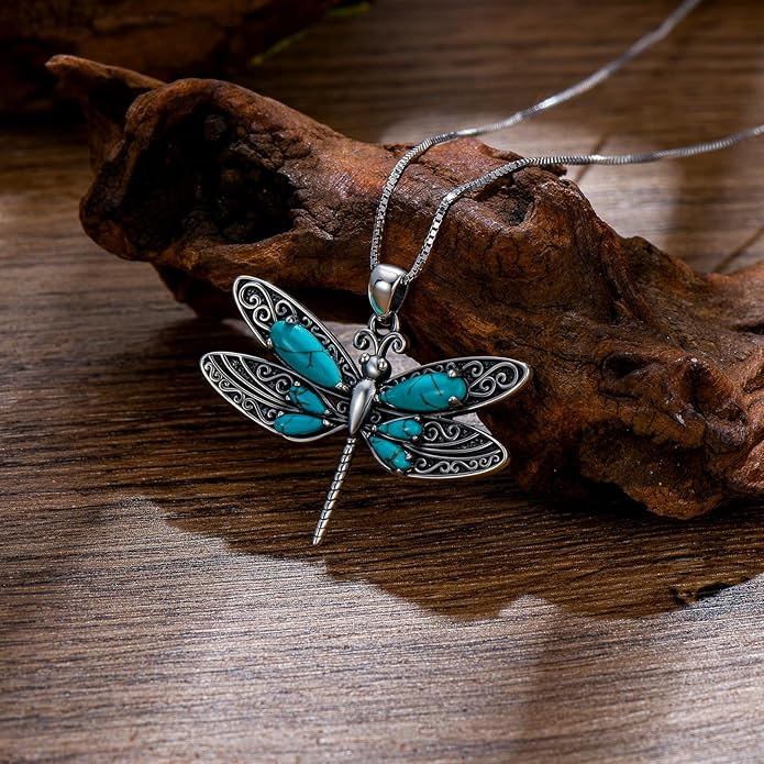 RMREWY Genuine Turquoise Dragonfly Pendant Necklace,925 Sterling Silver Native American Boho Western Pendant Real Gemstone Jewelry Birthdays Gift for Women Dragonfly Lover