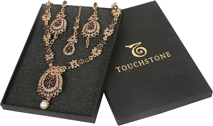 Touchstone Indian jewelry sets for women maang tikka wedding guest gold necklace bollywood jewellery set pageant elegant prom bride accessories western crystal chunky rhinestone necklaces