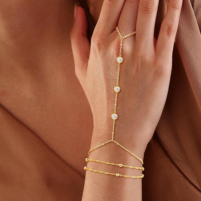 Valentine Gift 14K Gold Plated Hand Chain Bracelet for Women Trendy, 2 Pcs Stackable Gold/Silver Finger Ring Bracelet Hand Chain Dainty Non Tarnish Waterproof Set Jewelry Adjustable 7'+2