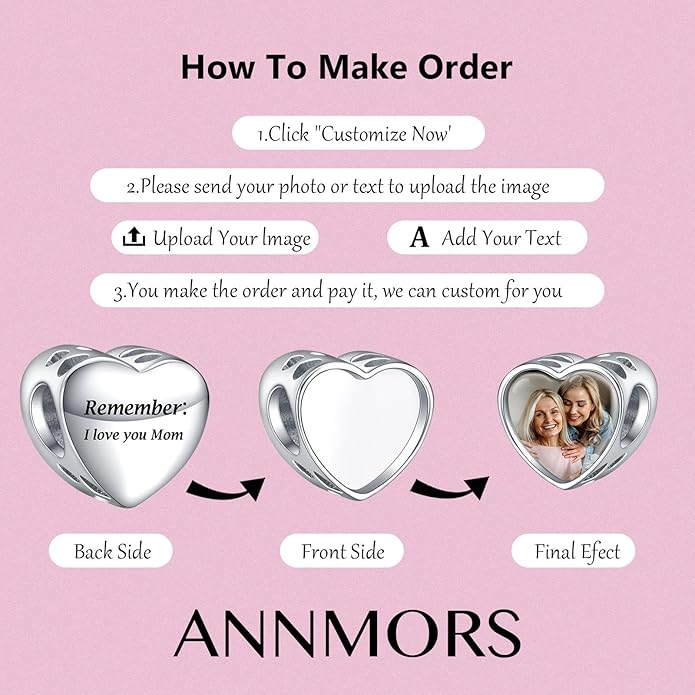 Annmors Personalized Photo Charms For Bracelets/Necklace 925 Sterling Silver Love Heart Shaped Engraved Customize Picture Gift for Birthday Mother's Day,Bead Charms Jewelry for Women