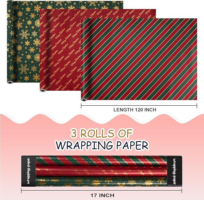 MAYPLUSS Shiny Christmas Wrapping Paper - 17In x 120In Per Roll - Classic Red & Green Stripe, Forest Green & Gold Snowflake, Red & Gold Merry Christmas Text Design Gift Wrap Paper for Holiday, Party