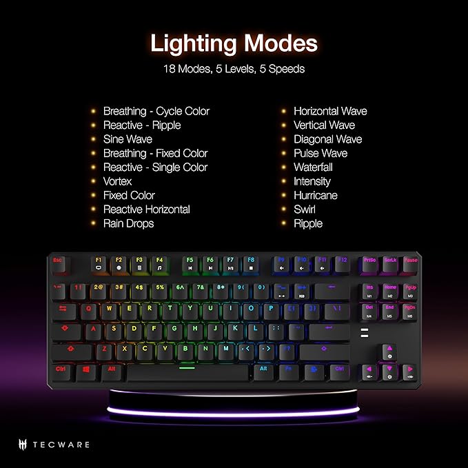 TECWARE Phantom 87 Key Mechanical Keyboard, RGB led, Typewriter Sound, Outemu Blue Switch