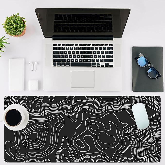 Mouse Pad Large Topographic Map Lines Non-Slip Game Desk Mat with Stitched Edge Laptop Keyboard Desk Pad for Work Home Gaming (35.4 x 15.7 Inches)