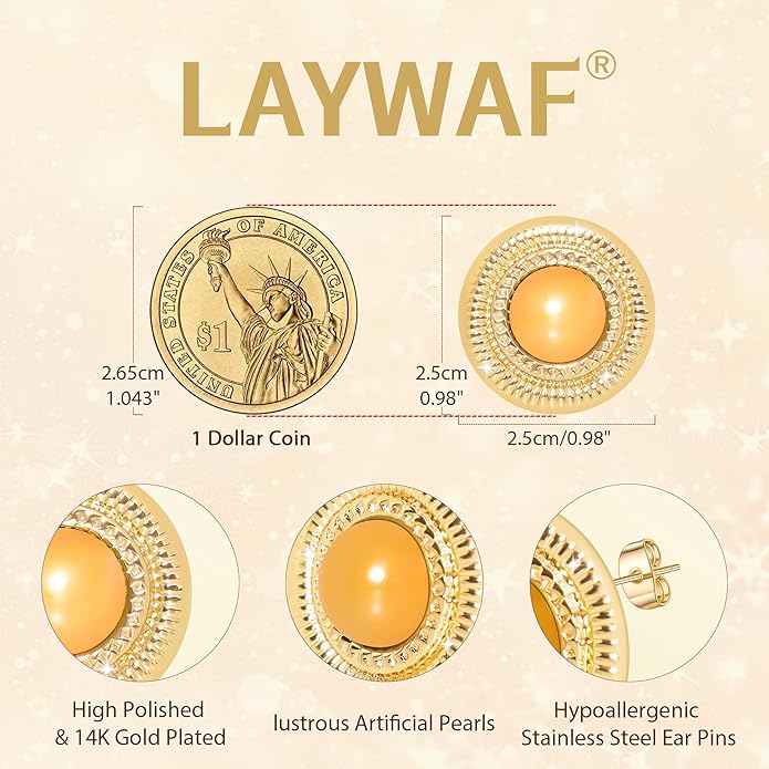 Faux Pearl Gold Plated Stud Earrings for Women, Hypoallergenic Stainless Steel Ear Pin, Available in a Variety of Pearl Colors