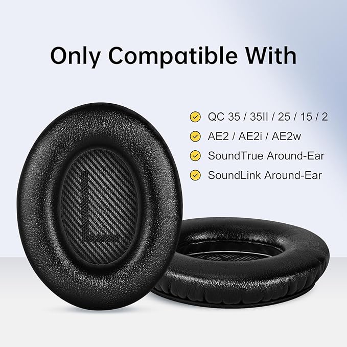 Aurivor Replacement Ear-Pads for Bose Quiet-Comfort QC 35 (ii) 25 15 2 Headphones, Tear-Proof Cushion for QC35 (ii) QC25 QC15 QC2 SoundTrue/SoundLink AE2/AE2i/AE2w Around-Ear Headphones (Black)