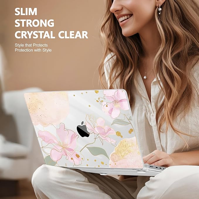 for MacBook Pro 16 inch Case 2021 2022 2023 2024 Release A3186 A3403 M4 A2991 M3 A2780 M2 A2485 M1 Pro/Max, Hard Shell Case with Screen Protector & Keyboard Cover, Gold Blossom Flowers