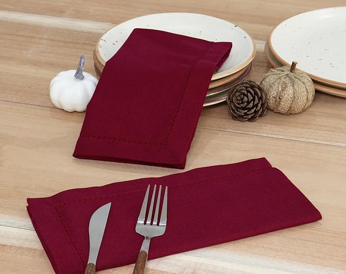 PurpleEssences Set of 6 Hemstitch Cloth Dinner Napkins 100% Cotton - Soft Durable Washable - Ideal for Wedding Christmas Holiday Winter - Perfect Everyday Use Table Linen 18x18 - Burgundy