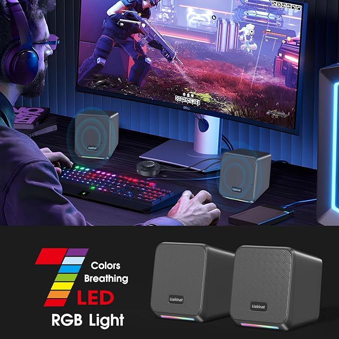 Computer Speakers,with 7 Colorful RGB Lights, Headphone Jack, Enhanced Bass and Volume Control, PC Speakers USB Powered Gaming Speakers for Laptop Monitor PC Tablet Phone