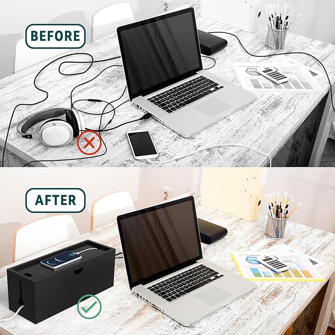 Bamboo Cable Management Box, Large Cord Organizer Box Cable Box to Hide Wires & Power Strips for Desktop Storage Cord Holder for Office Home,No Assembley Required (All Black, Large)