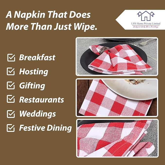LFH Home 100% Cotton Cloth Reusable Dinner Napkins Set of 12 Washable Soft Decorative Buffalo Plaid Gingham and Checkered Table Napkins for Holidays Wedding Farmhouse Decor 18x18 Inch - Red & White